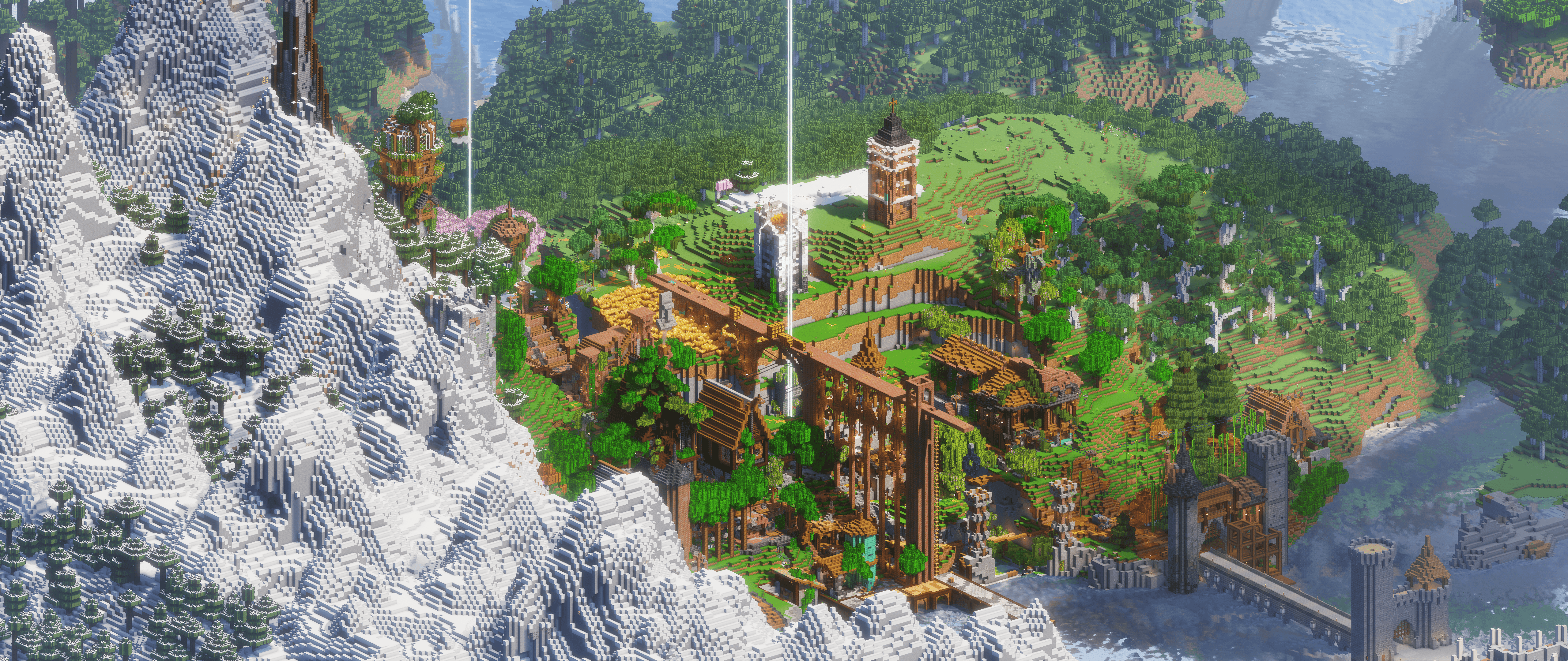 Aerial view with waterfalls and bridges