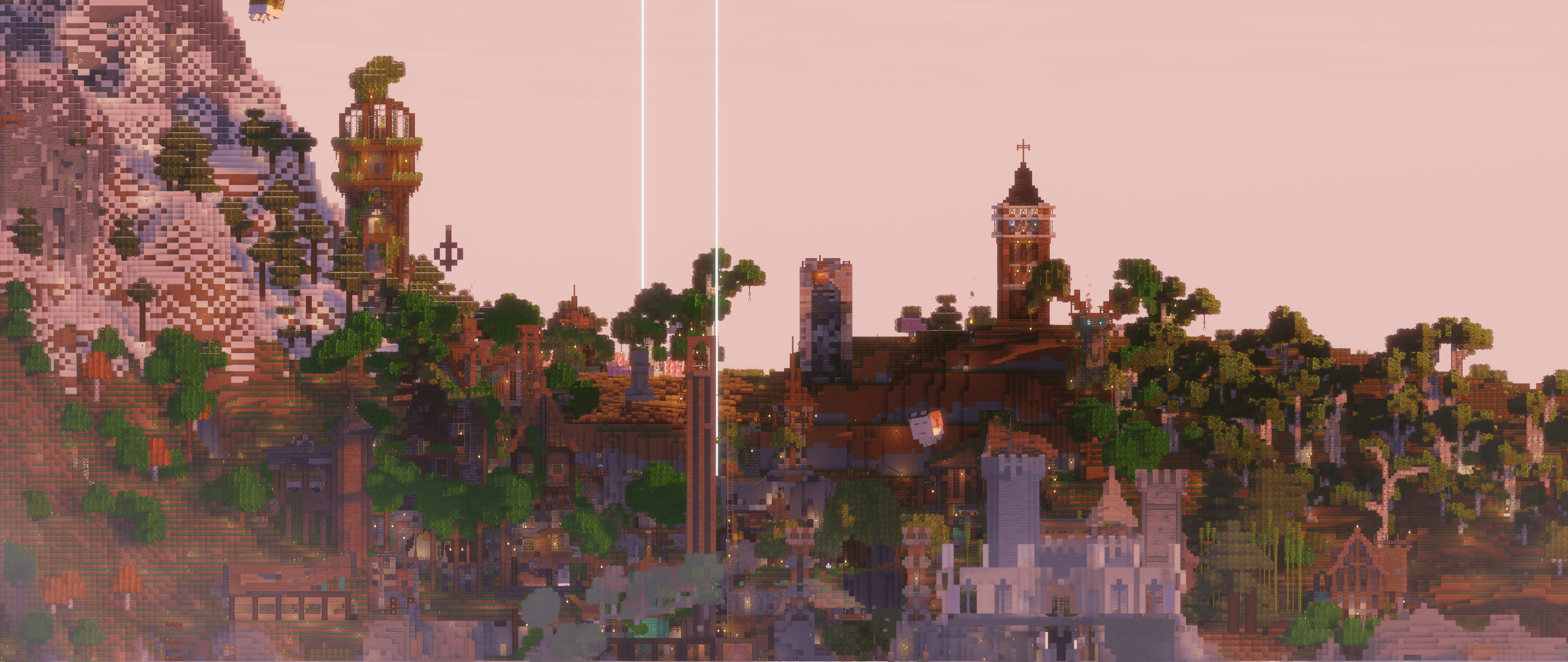 The city at golden hour with a pink sky